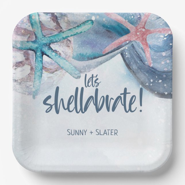 Shellabration | Watercolor Beach Starfish Seashell Paper Plate (Front)