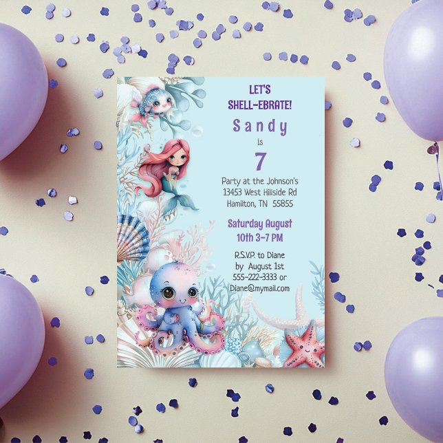 Shellebrate Colourful Mermaid Under the Sea  Invitation (Mermaid Octopus puffer fish and sea star under the sea let's shell-ebrate birthday invitation)