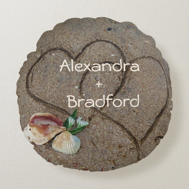 shells & 2 hearts on beach custom wedding pillow (Front)