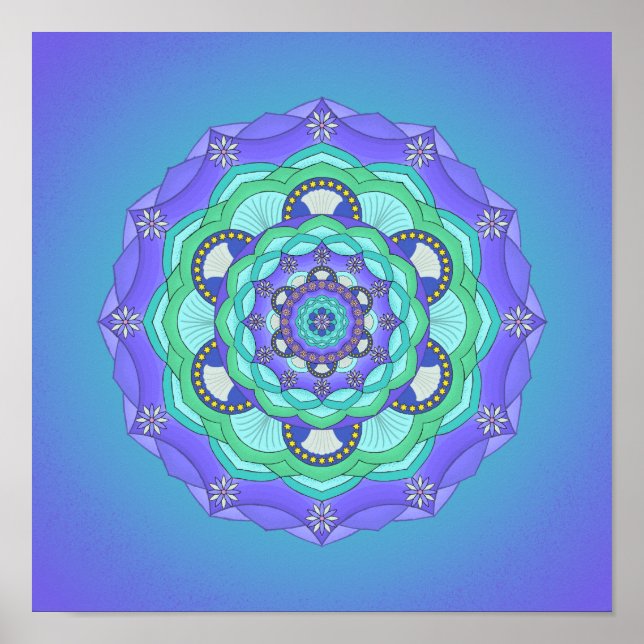 Shells and Flowers Purple Teal Green Mandala Print (Front)