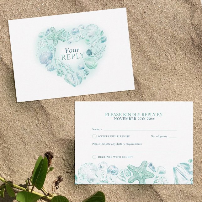Shells heart art beach wedding watercolor aqua RSVP card (Creator Uploaded)