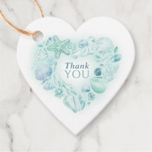 Shells heart art thank you beach aqua wedding  favour tags