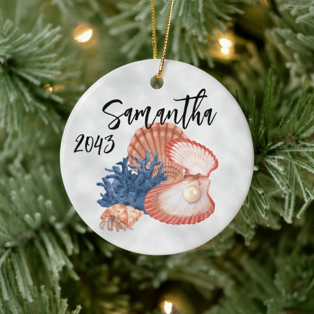 Shells Oyster Pearl Ocean Sea Coastal  Ceramic Ornament (Tree)