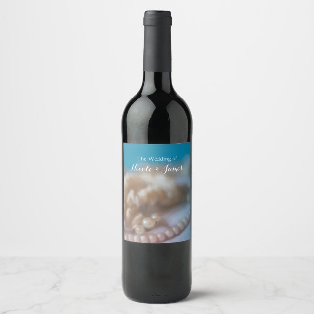 Shells & Pearls Elegant Painted Beach Wine Labels (Front)