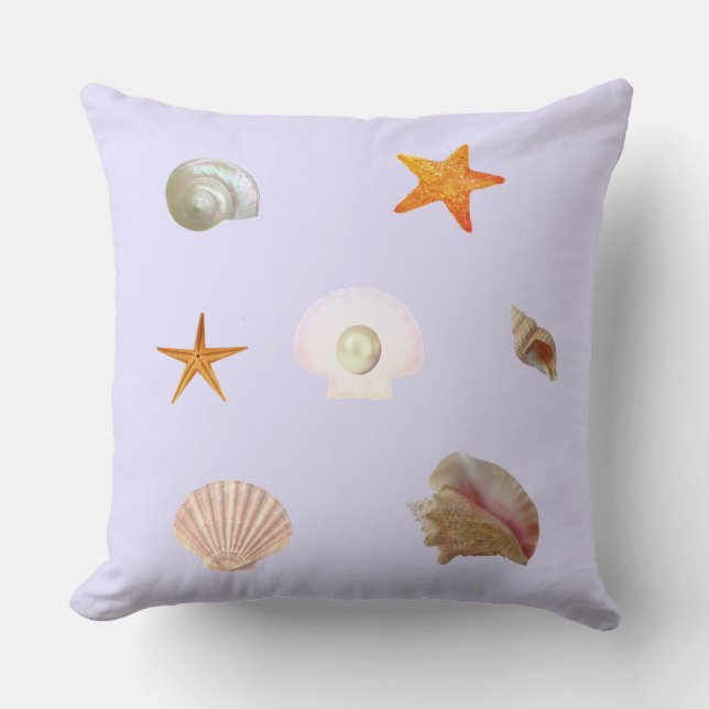 Shells, sea stars, & pearl on light periwinkle cushion (Front)