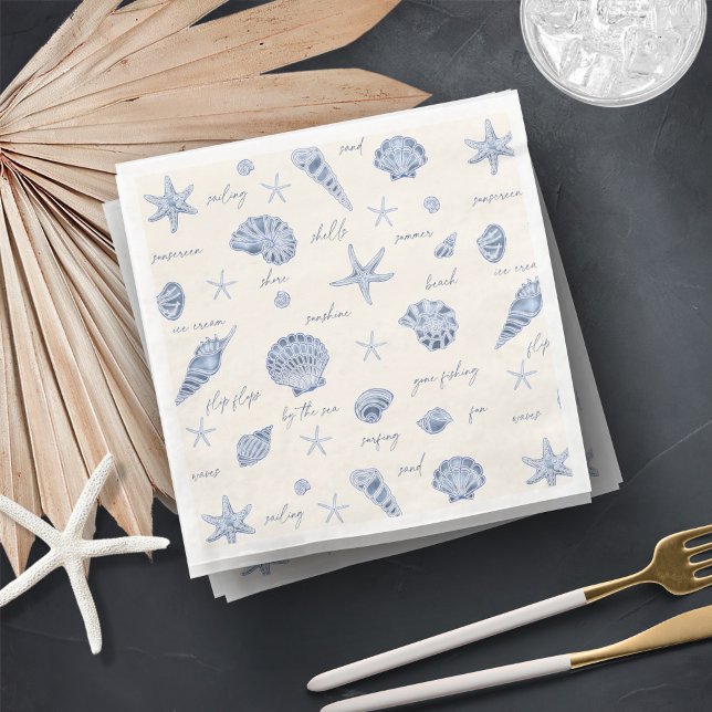 Shells Starfish Sun Fun Text Blue ID918  Napkin (Creator Uploaded)
