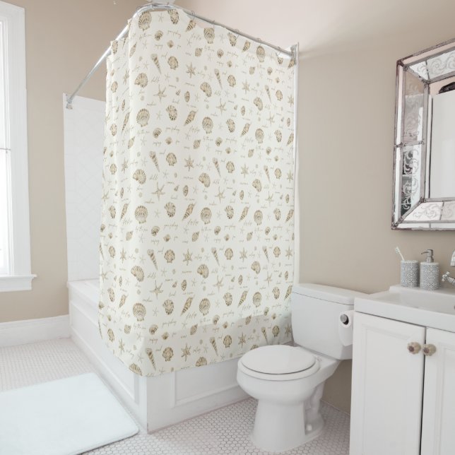 Shells Starfish Sun Fun Text Sandstone ID918  Shower Curtain (In Situ)