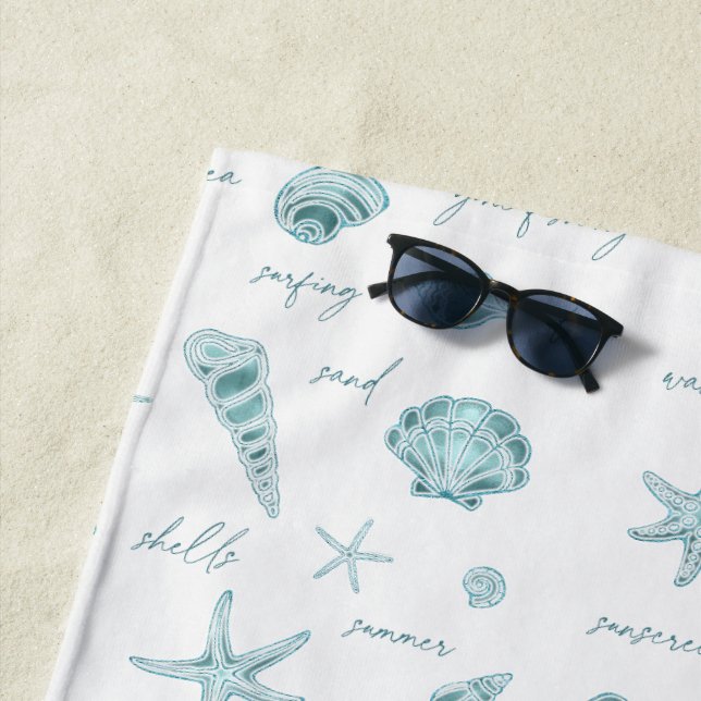 Shells Starfish Sun Fun Text Teal ID918  Beach Towel (In Situ)