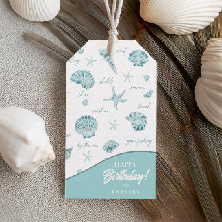 Shells Starfish Sun Fun Text Teal ID918 Gift Tags