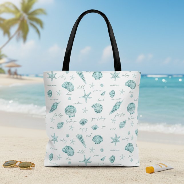 Shells Starfish Sun Fun Text Teal ID918  Tote Bag (Creator Uploaded)