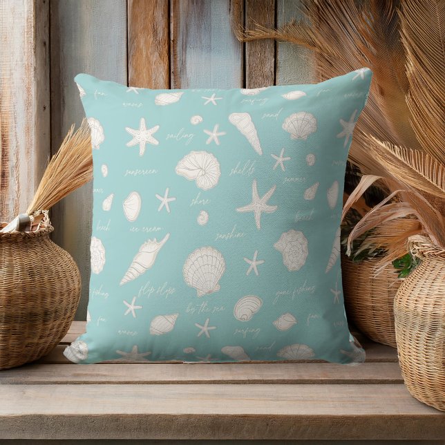 Shells Starfish Sun Fun Text White Ivory ID918  Cushion (Creator Uploaded)