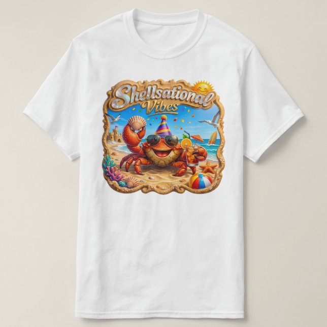 Shellsational Vibes – Joyful Crab Beach Art T-Shirt (Design Front)
