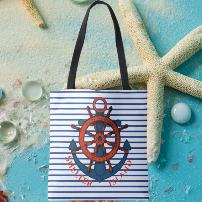 Shelter Island, NY Ship's Wheel and Anchor Striped Tote Bag (Creator Uploaded)