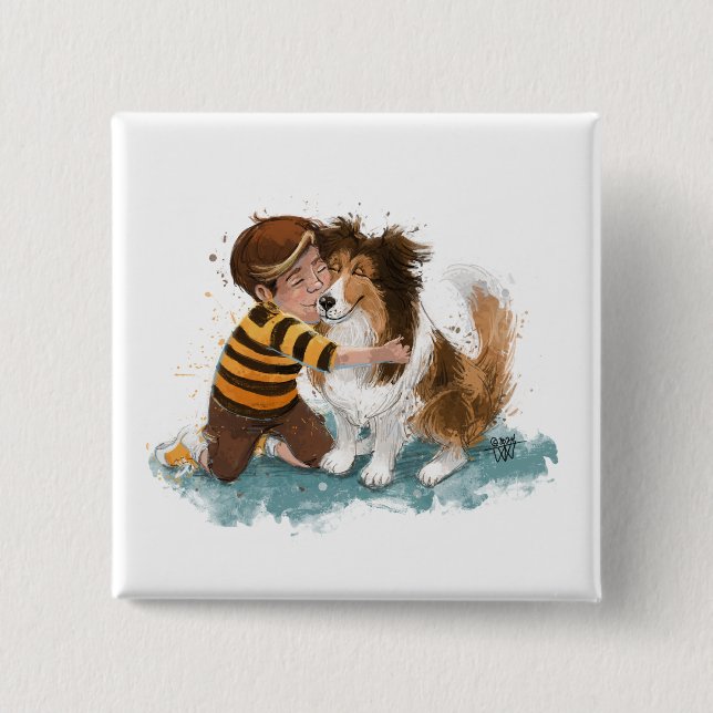 Sheltie and Boy Dog Hug 15 Cm Square Badge (Front)