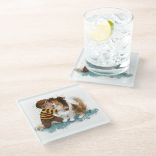 Sheltie and Boy Dog Hug Glass Coaster