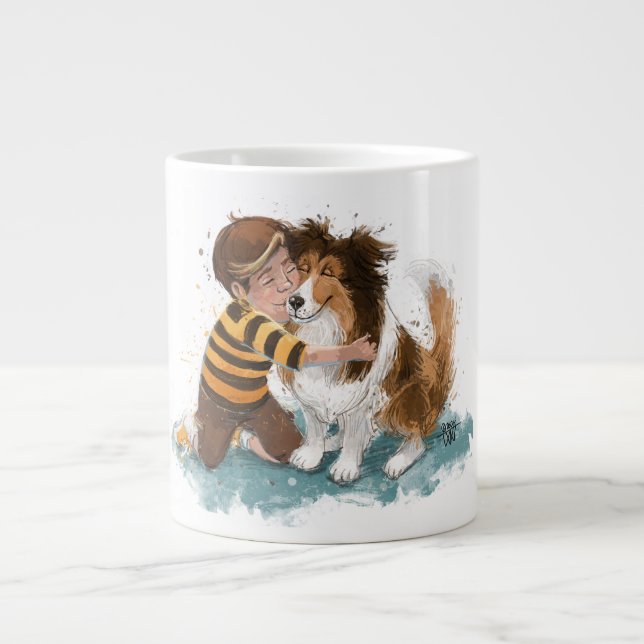 Sheltie and Boy Dog Hug Large Coffee Mug (Front)