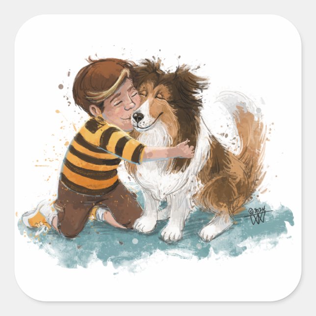 Sheltie and Boy Dog Hug Square Sticker (Front)