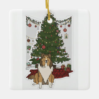 Sheltie by Christmas tree Ceramic Ornament