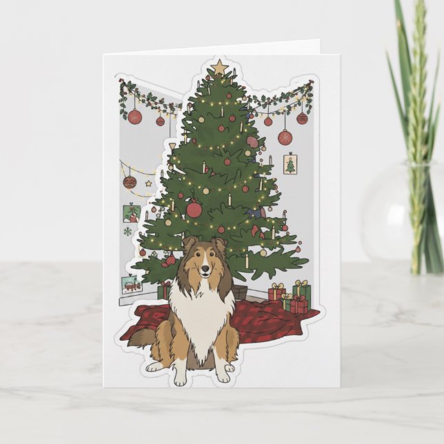 Sheltie by the Christmas tree Card (Front)