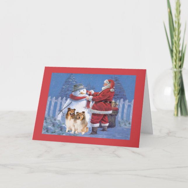 Sheltie Christmas Card Santa and Snowman (Front)