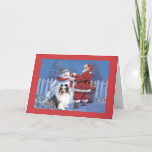 Sheltie Christmas Card Santa and Snowman