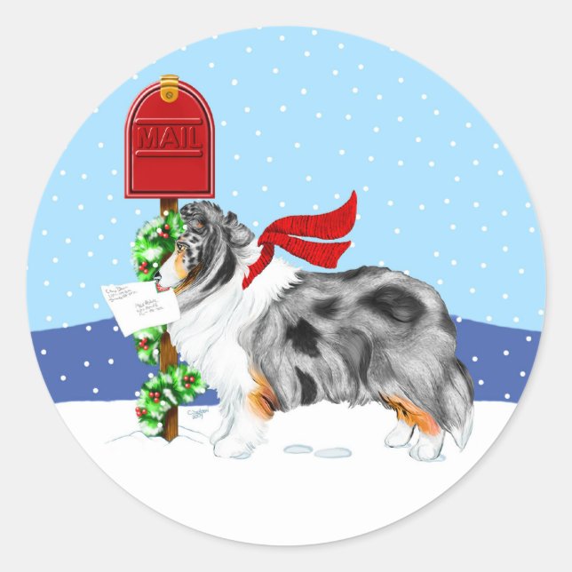 Sheltie Christmas Mail Blue Merle Classic Round Sticker (Front)
