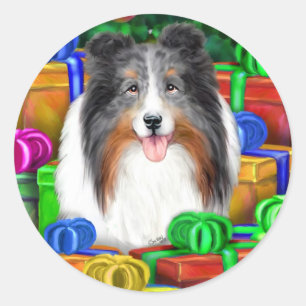 Sheltie Christmas Open Gifts Blue Merle Classic Round Sticker
