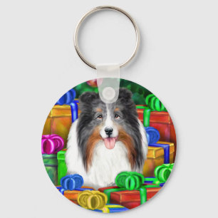 Sheltie Christmas Open Gifts Blue Merle Key Ring