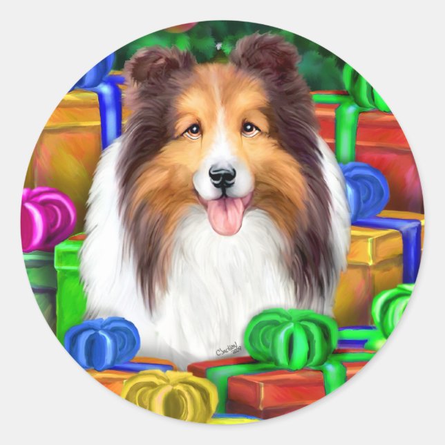 Sheltie Christmas Open Gifts Sable Classic Round Sticker (Front)
