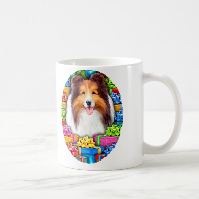 Sheltie Christmas Open Gifts Sable Coffee Mug (Right)