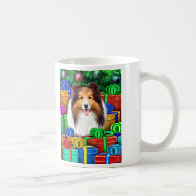 Sheltie Christmas Open Gifts Sable Coffee Mug (Right)