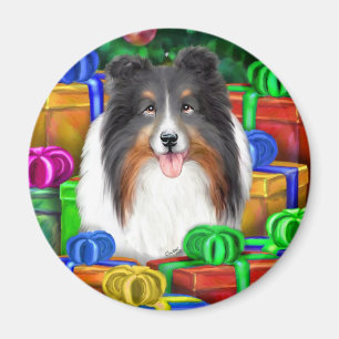 Sheltie Christmas Open Gifts Tri Colour Magnet
