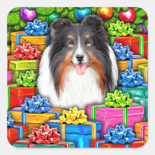 Sheltie Christmas Open Gifts Tri colour Square Sticker