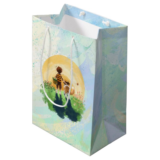 Sheltie Dog and Boy Walk into Sunset Medium Gift Bag (Front Angled)