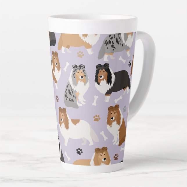 Sheltie Dog Bones and Paws Latte Mug (Right Angle)