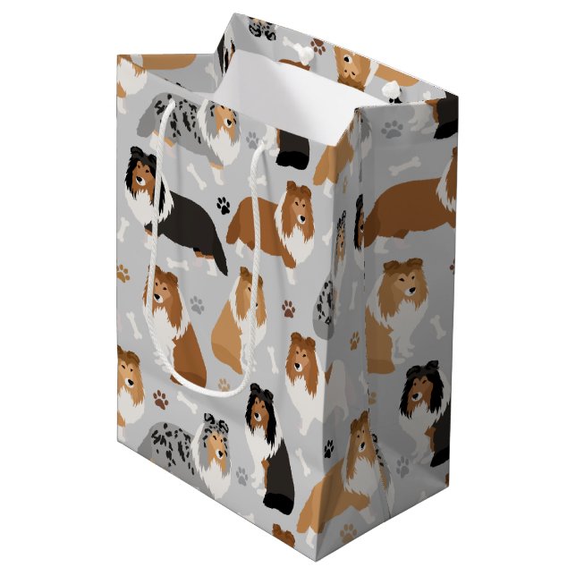 Sheltie Dog Bones and Paws Medium Gift Bag (Front Angled)