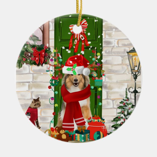 Sheltie Dog Christmas  Ceramic Ornament (Front)