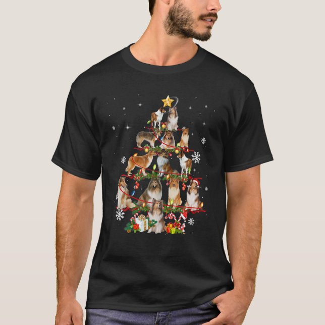 Sheltie Dog Christmas Tree Lights Funny Dog Xmas T-Shirt (Front)