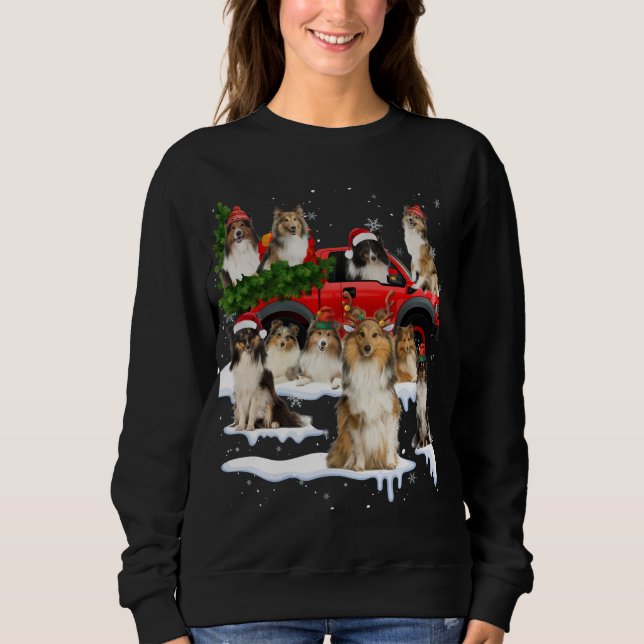 Sheltie Dog Red Truck Christmas Tree Santa Ugly Xm Sweatshirt (Front)