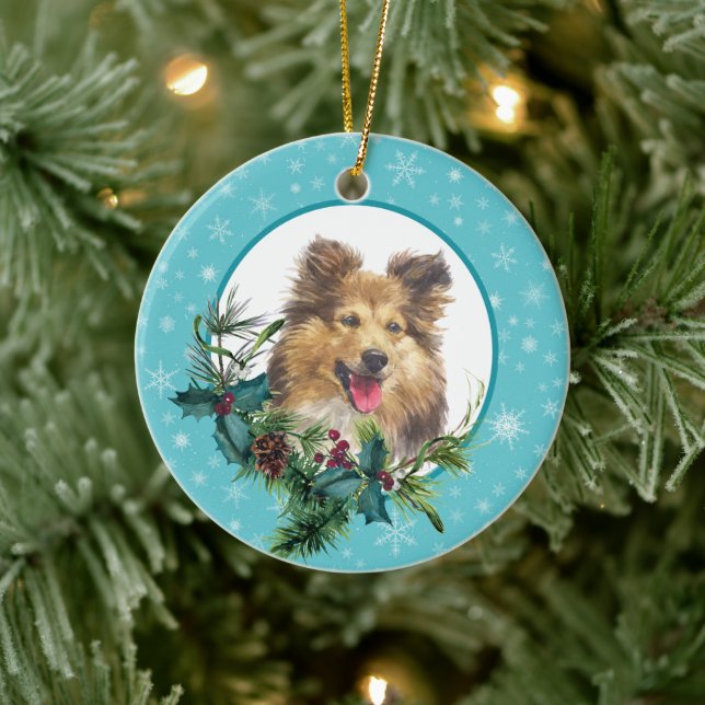 Sheltie Dog Snowflake Blue Frame Holiday Bouquet Ceramic Ornament (Tree)