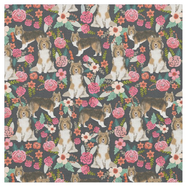 sheltie dog vintage florals fabric (Close Up)