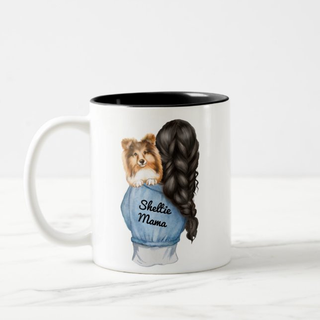 Sheltie Mama Black Hair w Sable Shetland Sheepdog  Two-Tone Coffee Mug (Left)