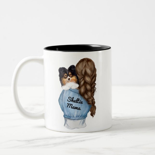 Sheltie Mama Brunett w Tri-Colour Shetland Sheepdo Two-Tone Coffee Mug (Left)