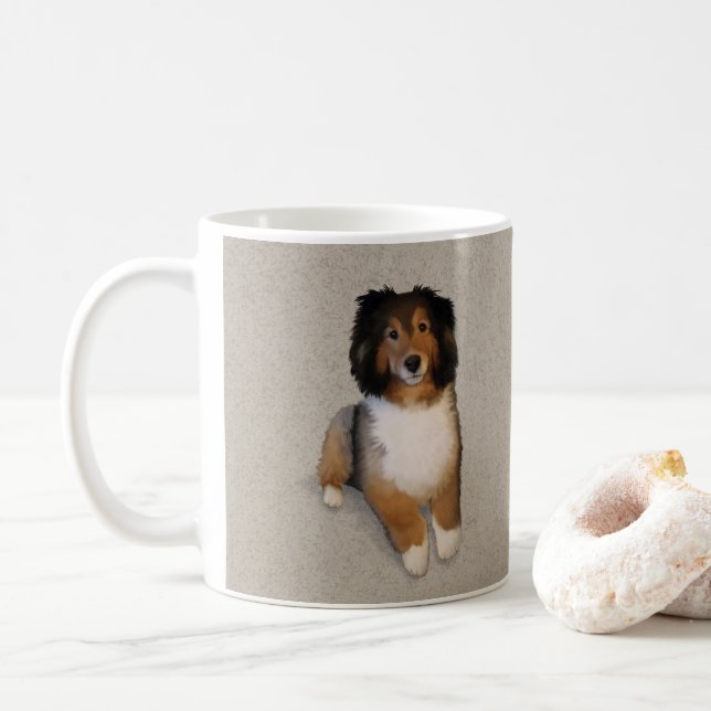 Sheltie mix dog portrait coffee mug (With Donut)