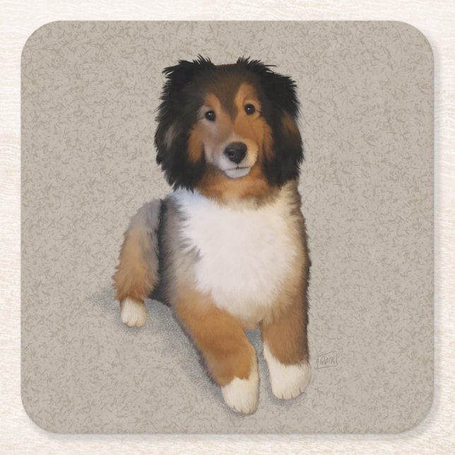Sheltie mix dog portrait  square paper coaster (Front)
