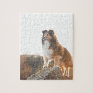 Sheltie on Cliff protecting heard during sunset Jigsaw Puzzle