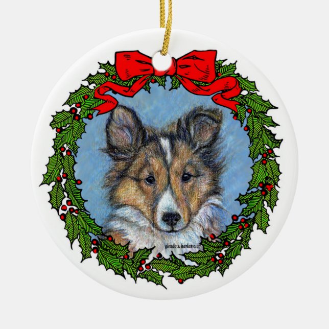 Sheltie Pup Art by Glenda S. Harlan Ceramic Ornament (Front)