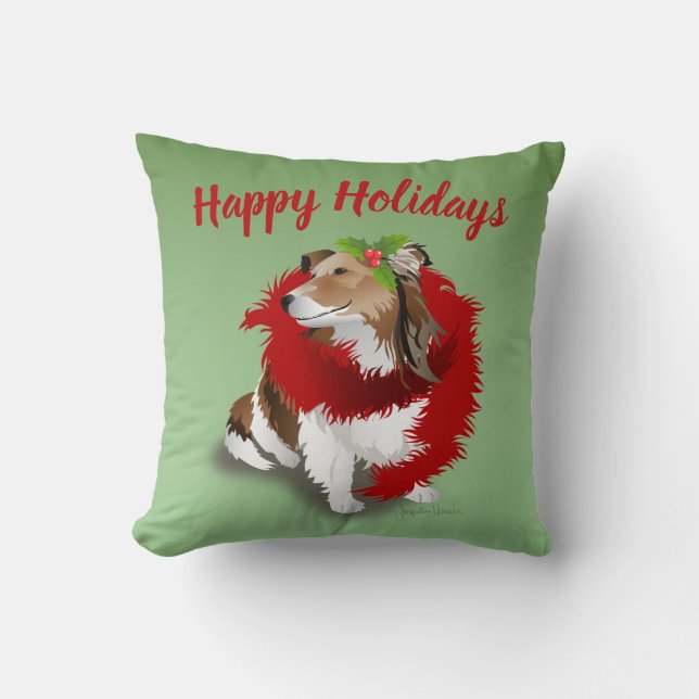 Sheltie, Red Scarf, Holly, Christmas Throw Pillow (Front)