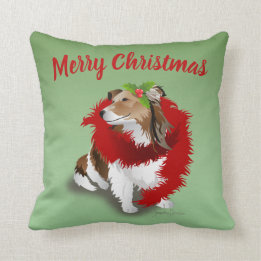 Sheltie, Red Scarf, Holly, Christmas Throw Pillow