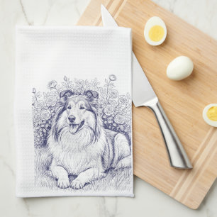 Sheltie Sketch with Rose Bush Tea Towel